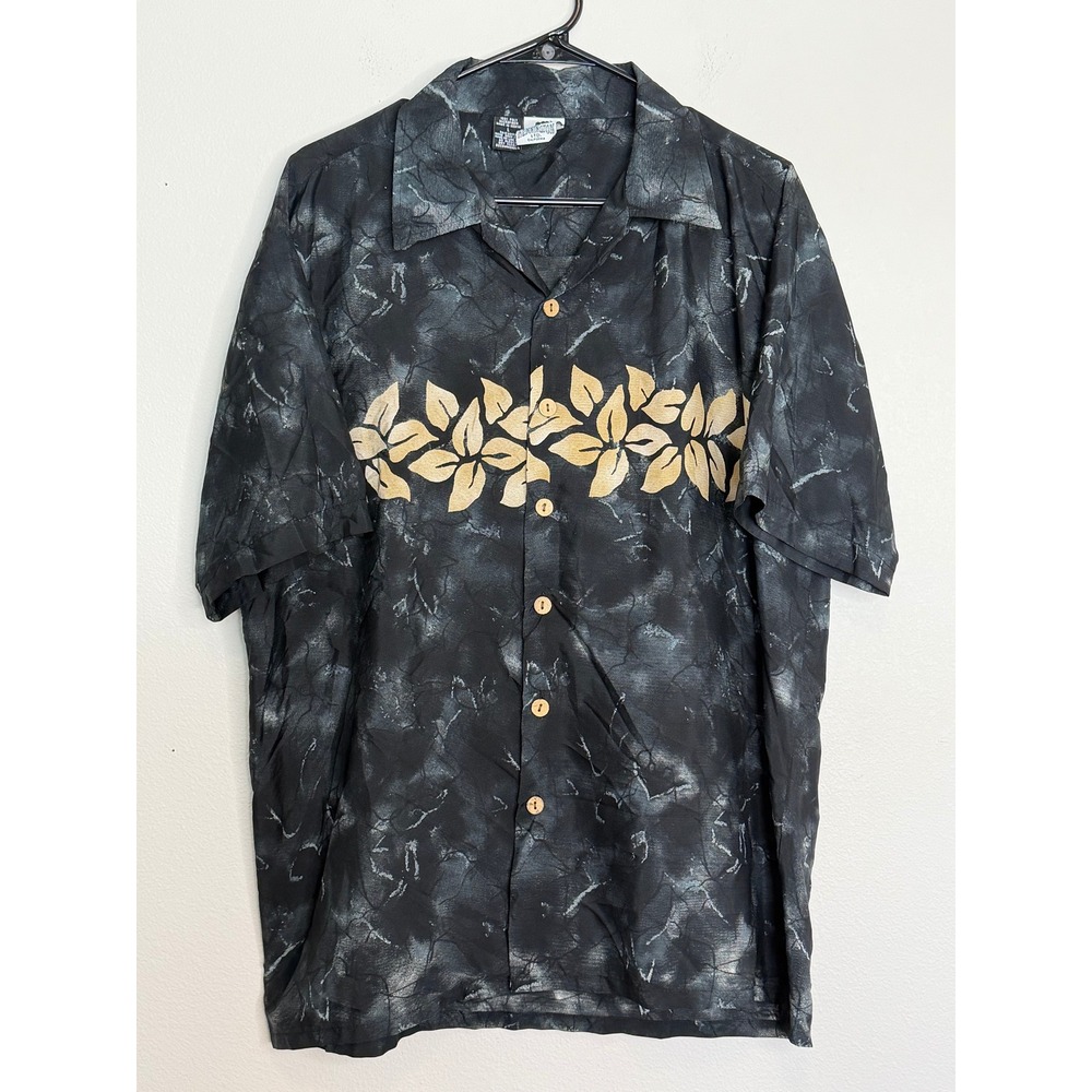 Kennington Ltd California Men's Large Black Acid Wash Hibiscus Hawaiian Shirt L